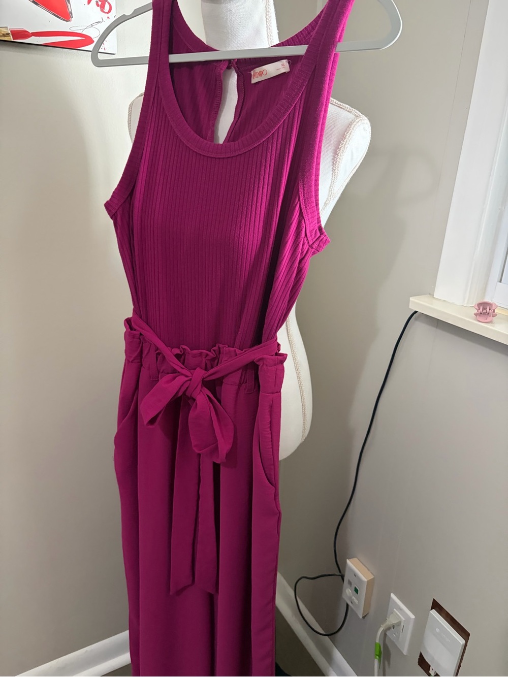 Sleeveless Ribbed Magenta Maxi Dress with Waist Tie